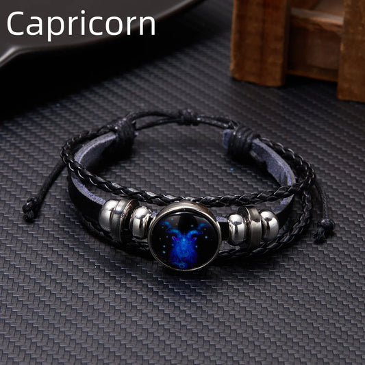 12 Constellation Zodiac Sign Charm Luminous Bracelets Men Women Vintage Multilayer Wrap Leather Bracelet & Bangle Birthday Gift